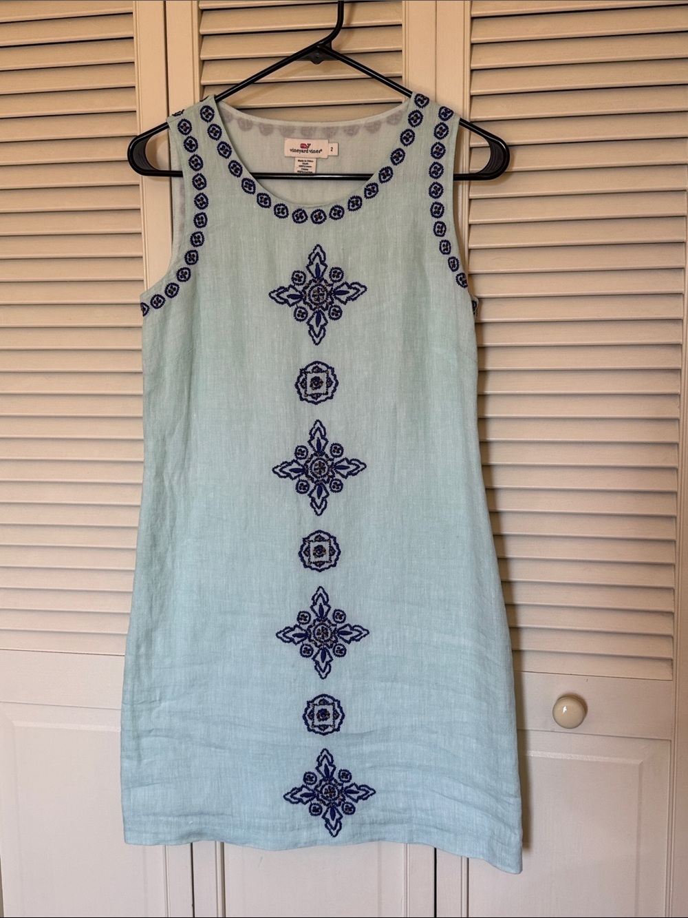 Vineyard Vines Mint Green Midi Dress with Navy Embroidery